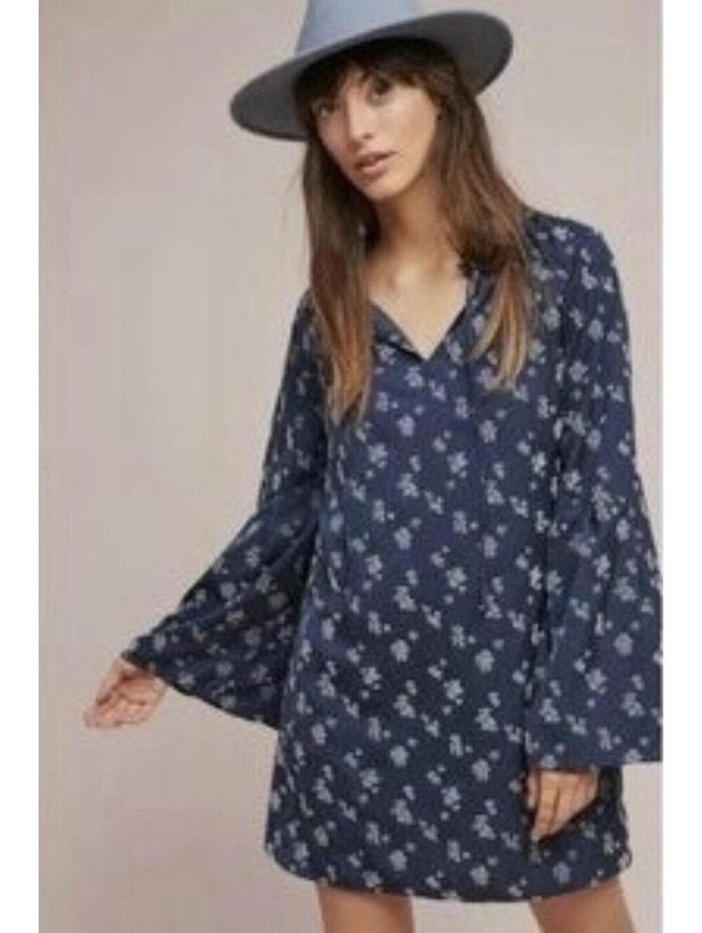 MICHAEL STARS for Anthropologie Bell Sleeve Printed Shift Mini Dress In Blue-LG